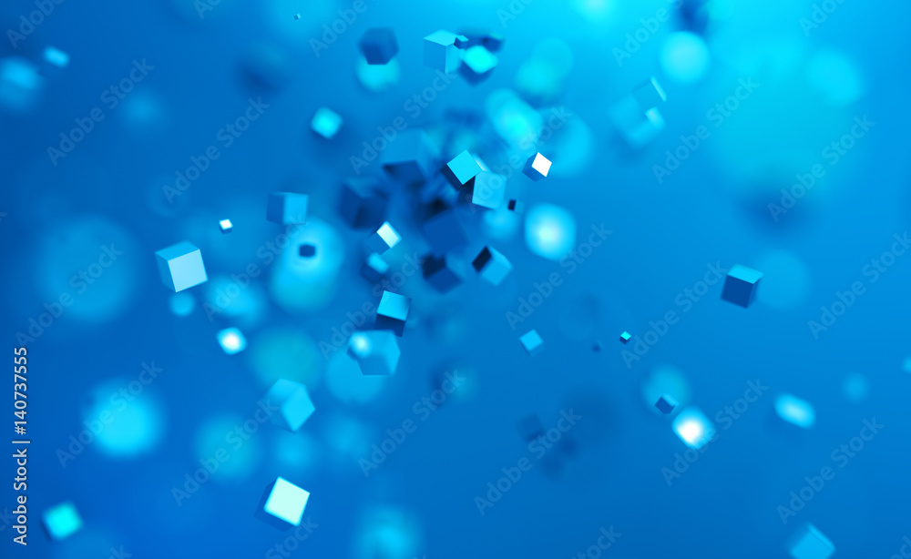 Poster abstract 3d rendering of chaotic cubes. flying shapes in empty space. dynamic background with bokeh,