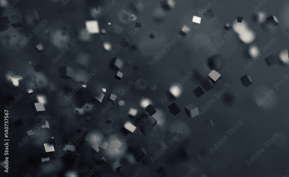 Poster abstract 3d rendering of chaotic cubes. flying shapes in empty space. dynamic background with bokeh,