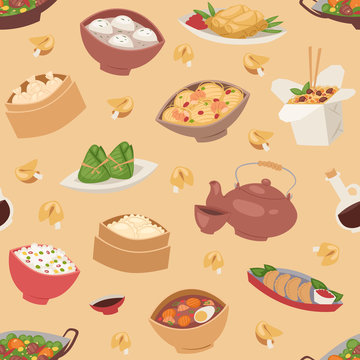 Chinese traditional food steamed dumpling asian delicious seamless pattern vector