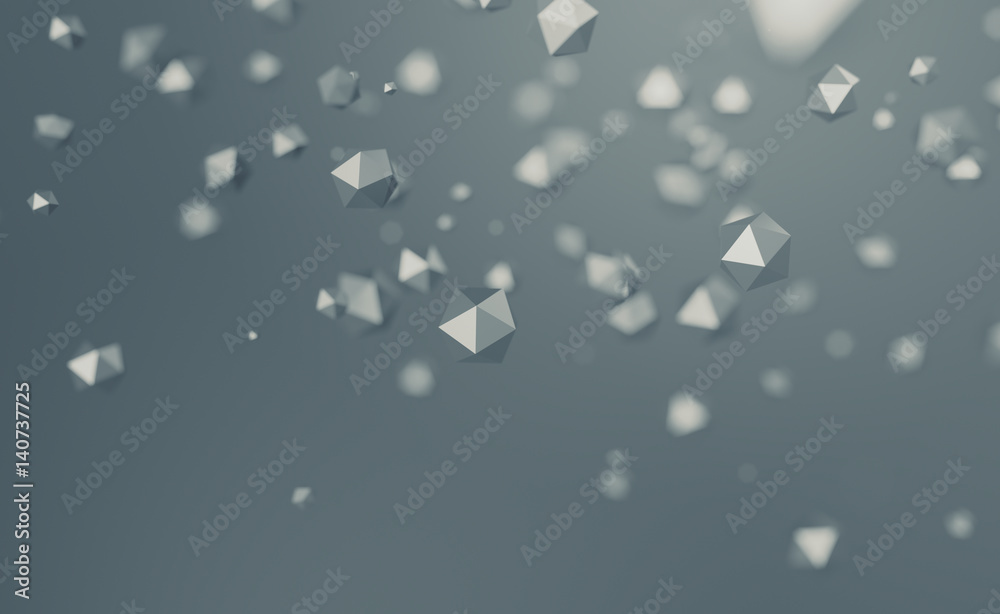 Poster abstract 3d rendering of chaotic low poly particles. flying polygonal spheres in empty space. futuri