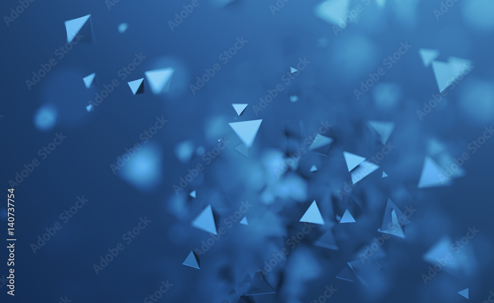 Poster abstract 3d rendering of chaotic low poly shapes. flying polygonal pyramids in empty space. futurist