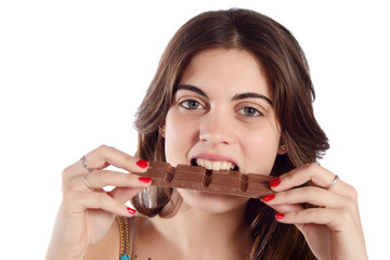 Woman eating chocolate.