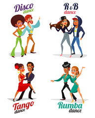 Set vector cartoon illustrations of a couples dancing tango, rumba, disco and hip hop isolated on white background. Element for the advertising poster of the school of dance, competitions in dances