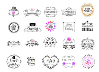 Badge as part of the design - Happy Birthday Sticker, stamp, logo - for design, hands made. With the use of floral elements, calligraphy and lettering