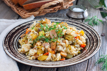 Brown rice with vegetables and mushrooms, horizontal