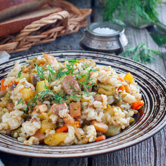 Brown rice with vegetables (broccoli, zucchini, carrots, onions) and champignons, square