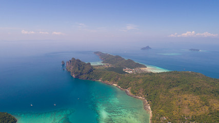 Aerial drone photo of sea and coastline from iconic tropical beach of Phi Phi island, Thailand