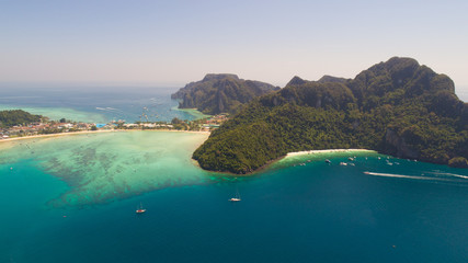 Aerial drone photo of iconic tropical beach and resorts of Phi Phi island, Thailand