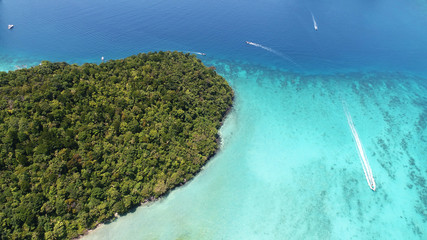 Aerial drone photo of iconic tropical turquoise water Pileh Lagoon, Phi Phi islands, Thailand