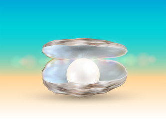 bright pearl in a opened sea shell with blur beach background