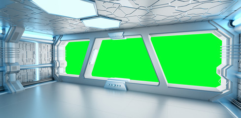 Spaceship blue and white interior 3D rendering