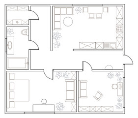 Abstract vector plan of one-bedroom apartment