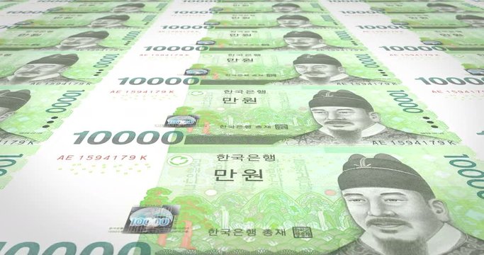 Banknotes of ten thousand wons of South Korea rolling, cash money, loop