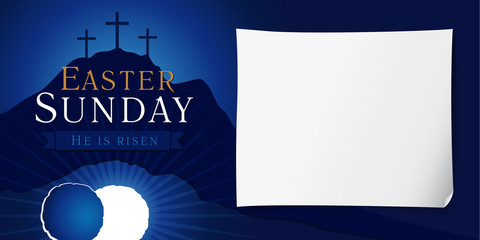 Fototapeta premium Easter sunday holy week poster. Easter christian motive, vector invitation to an Easter Sunday service with text He is risen on a background of rolled away from the tomb stone of Calvary