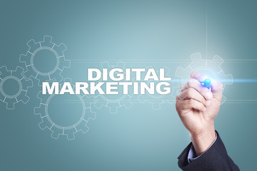 Businessman drawing on virtual screen. digital marketing concept.