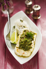 Spicy grilled cod with green pesto and rice