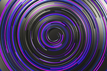 Black concentric spiral with blue glowing elements on black background