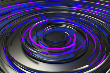 Black concentric spiral with blue glowing elements on black background