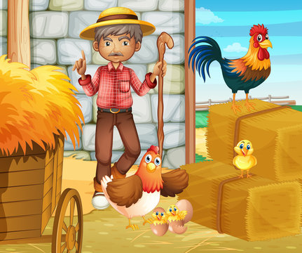 Farmer and chickens in the barn