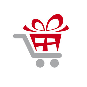 Vector shopping cart with gift.