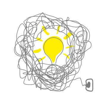 Concept Of Idea And Solutions In The Confusion. Abstract Vetor Illustration Of Lamp, Wire And Plug