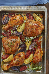 Spanish chicken tray bake with chorizo, potatoes and red onion