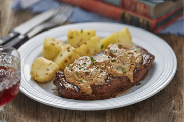 Steak with stroganoff mushroom sauce
