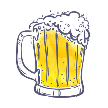 yellow Toby jug with beer on White background. symbol, design element, banner. Vector illustration.