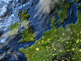 British Islands on Earth at night - visible ocean floor