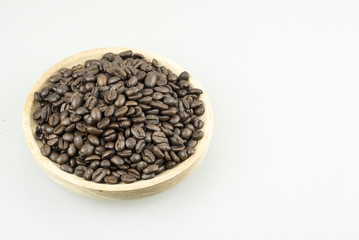 closeup of coffee beans  in wooden spoon.