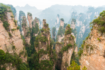 mountain landscape of Zhangjiajie, a national park in China known for its surreal scenery of rock formations.