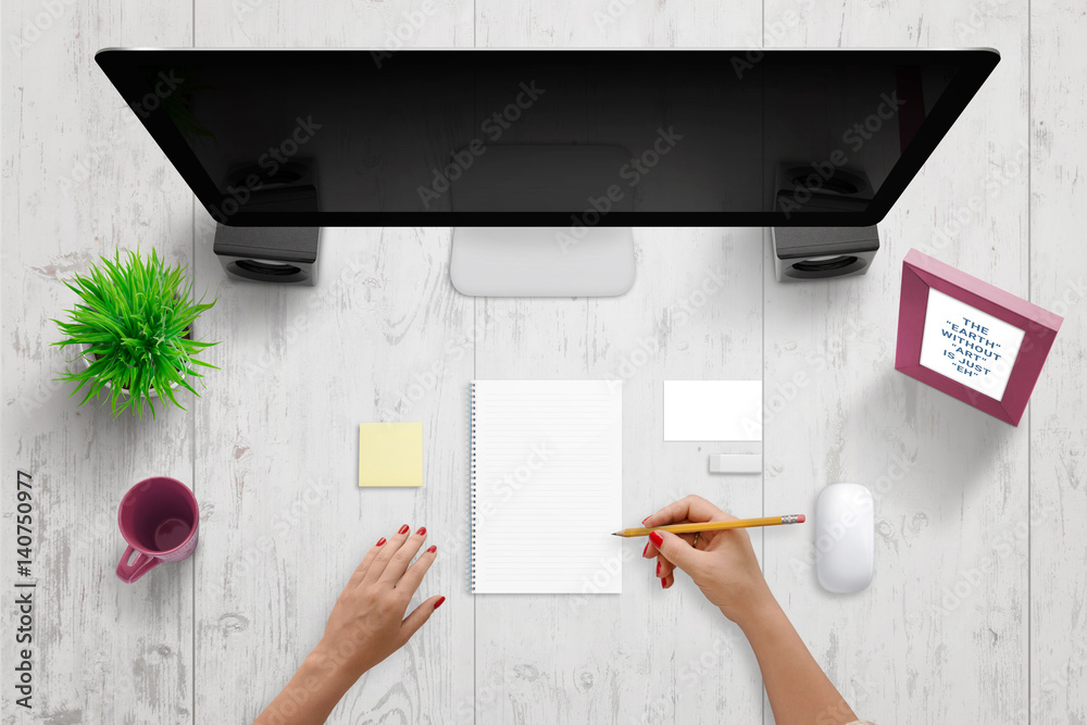 Poster woman write something on pad. blank paper to add text, drawing, sketch. computer display with blank 