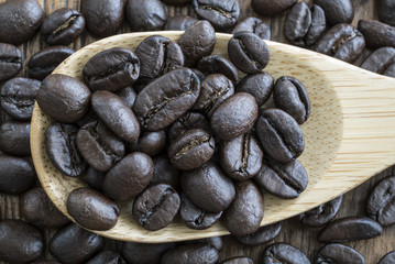 closeup of coffee in wooden spoon
