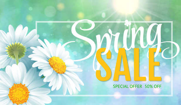 Spring sale concept. Summer background with chamomile and blue sky background. Template for banners, web, flyer, voucher. Vector illustration.