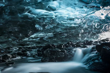 Papier Peint photo Glaciers Blue glaciar ice cave abstract interior with river, long exposition