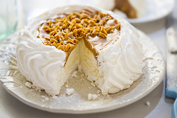 Toffee Pavlova with caramel shavings