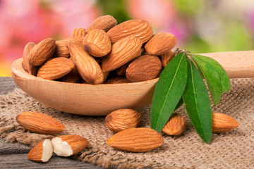heap of peeled almonds with leaf in a wooden spoon on table blurred garden background