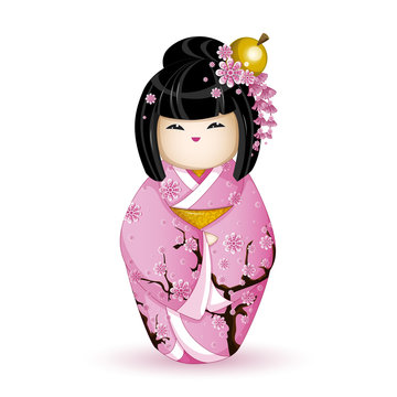 Kokesh Japanese national doll in a pink kimono patterned with cherry blossoms. Vector illustration on white background. A character in a cartoon style.