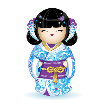 Kokesh Japanese national doll in a blue kimono with stylized sea waves, birds and pattern of flowers. Rope golden belt with a traditional knot. Vector illustration. A character in a cartoon style.
