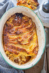 Bread and butter pudding with raisins