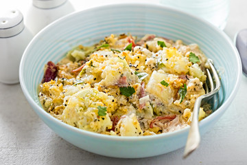 Chicken and ham in mustard and parsley sauce, potato and leek topping and Cheddar cheese and mustard ciabatta crumb