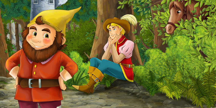 Cartoon fairy tale scene with prince encountering hidden tower and dwarf illustration for children