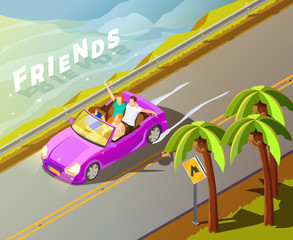 Friends Riding Car Isometric Travel Poster