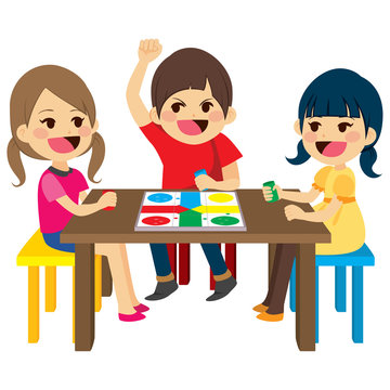 Three happy friends kids sitting playing board game