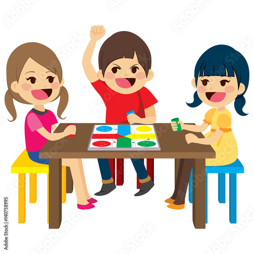 "Three happy friends kids sitting playing board game" Stock image and