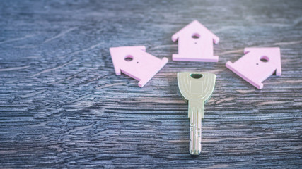 Silver Key surrounded Sign of Lilac Houses on Dark Wooden Surface