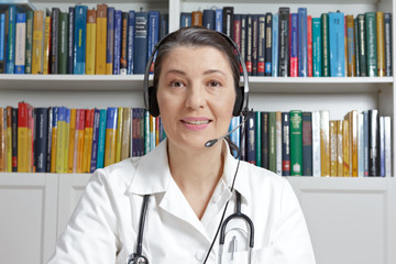 Doctor or general practitioner with headset in her office talking online with a patient,...