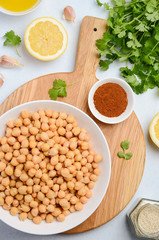 Ingredients for making hummus, top view.