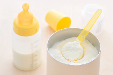 Milchpulver Babynahrung mit Messlöffel und fertigen Milch in Flasche mit Sauger 
