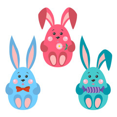 Easter bunnies in the form of eggs with long ears and in the clutches of a flower and candy